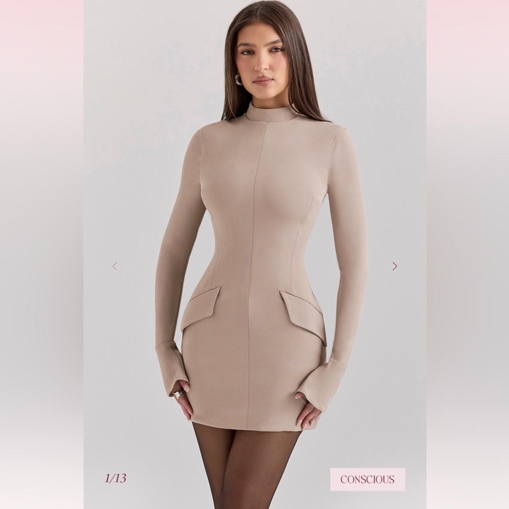 House of CB “Mahalia” Taupe Long Sleeve Mini Dress
